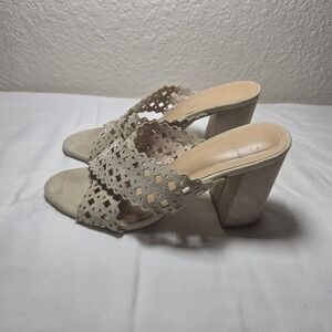 JF Ayesha Curry Bell Laser-Cut Block Heel Slide Sandals Beige Womens 7